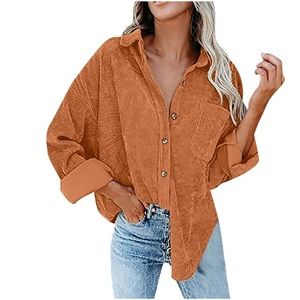 JURANMO Large Orange Corduroy Button Down Shacket Casual Shirt Chest Pocket